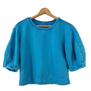 Anthropologie Blue Sweatshirt 3/4 Puffed Sleeve Cropped Casual French Terry